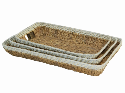 Rectangular water hyacinht tray with rope rim, set of 3 pcs